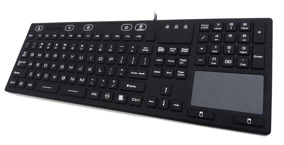 Illuminated industrial IP68 washable keyboard with touch screen mouse for medical supplier